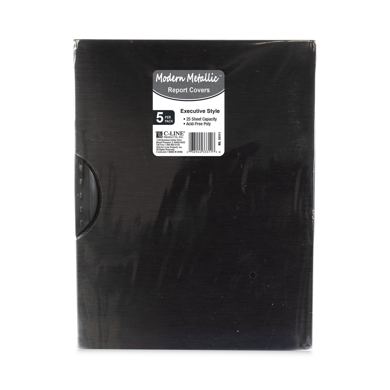 C-Line Modern Metallic Executive Style Report Cover, Swing Clip, 8.5 x 11, Black/Black, 5/Pack