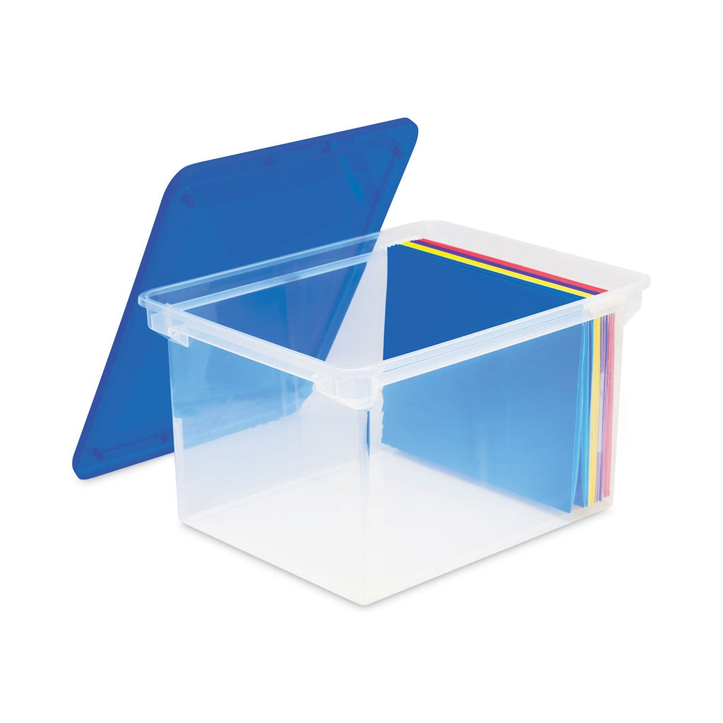 Storex Plastic File Tote, Letter/Legal Files, 18.5" x 14.25" x 10.88", Clear/Blue