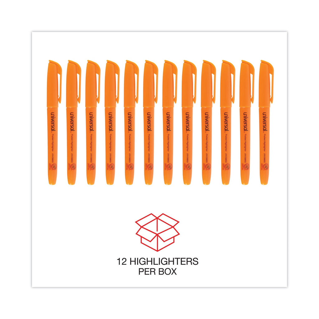 Universal Pocket Highlighters, Fluorescent Orange Ink, Chisel Tip, Orange Barrel, Dozen