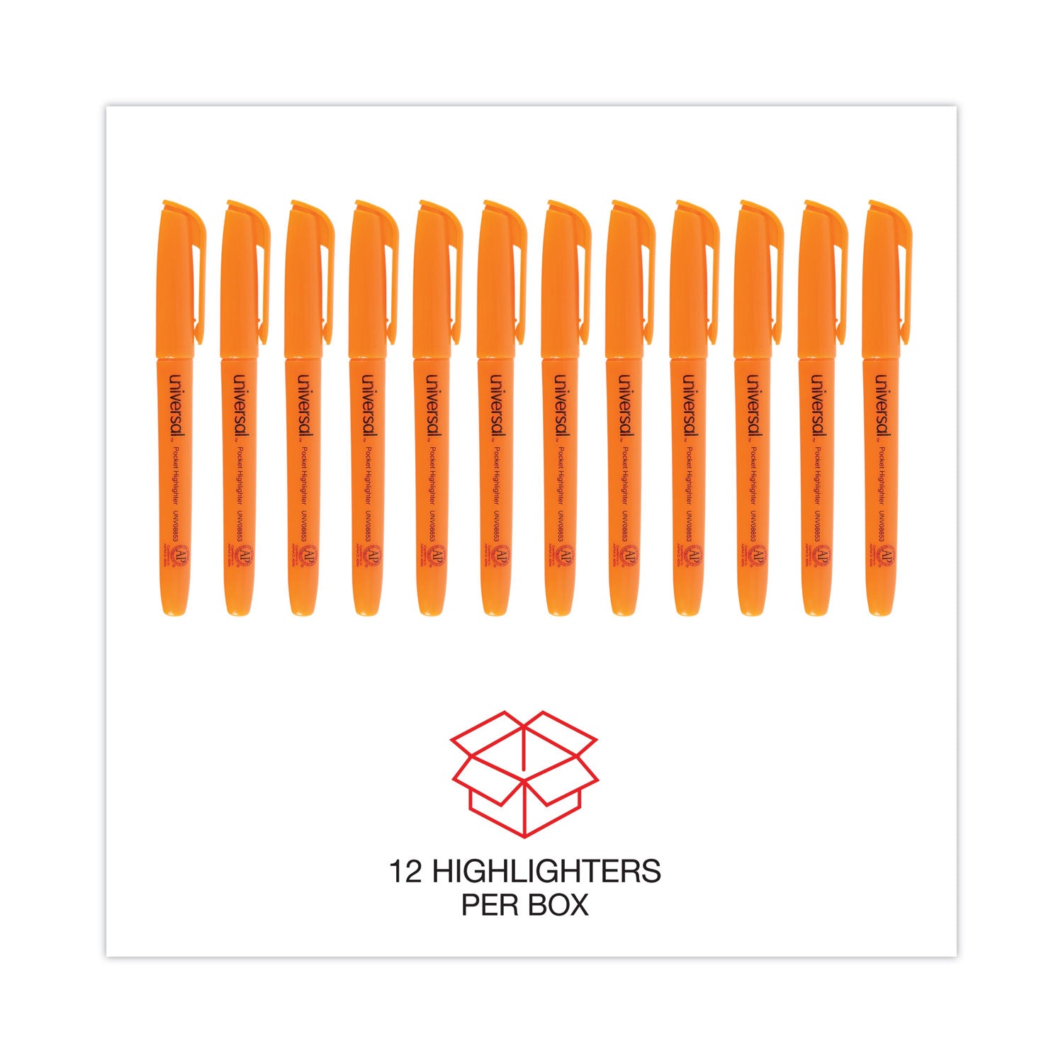 Universal Pocket Highlighters, Fluorescent Orange Ink, Chisel Tip, Orange Barrel, Dozen