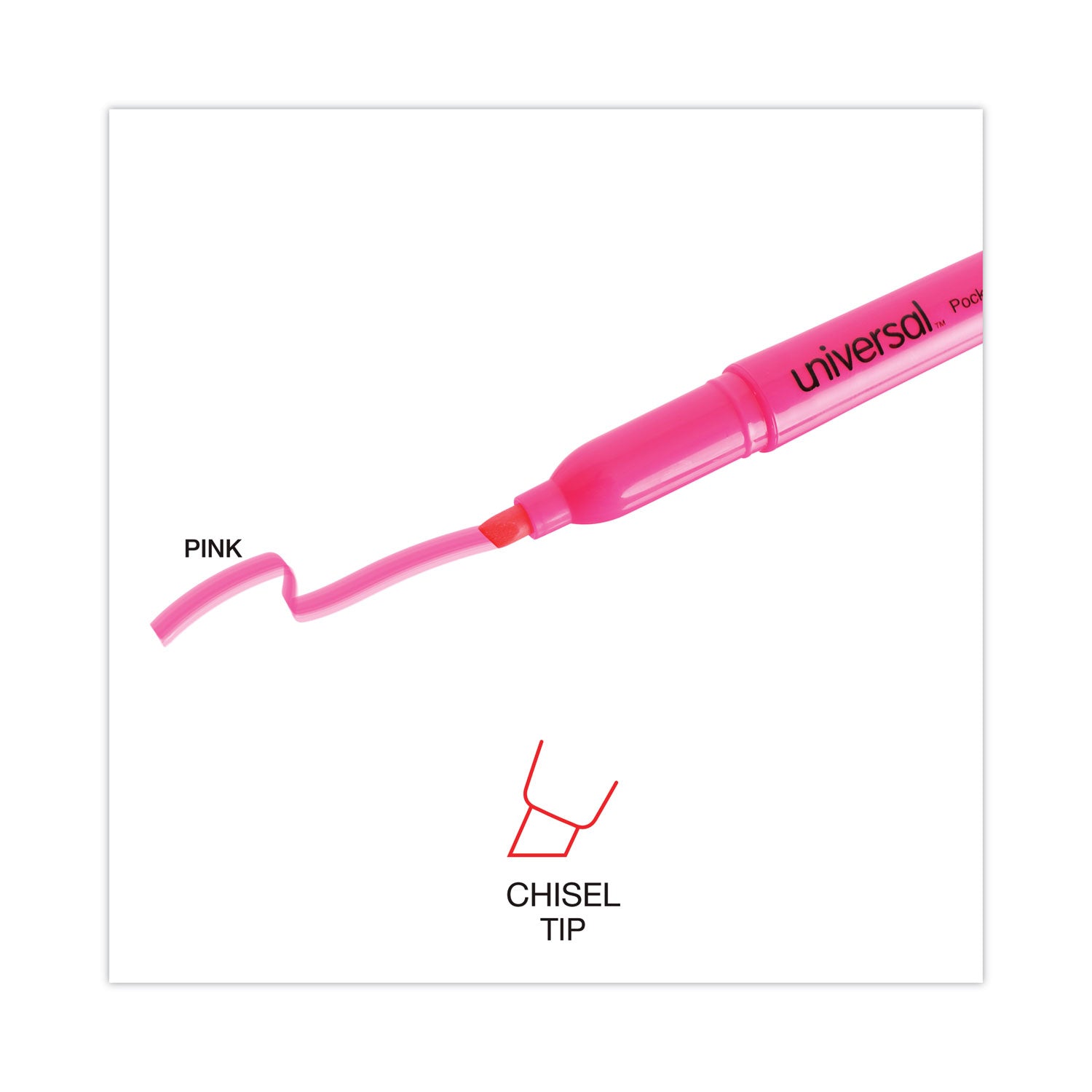 Universal Pocket Highlighters, Fluorescent Pink Ink, Chisel Tip, Pink Barrel, Dozen