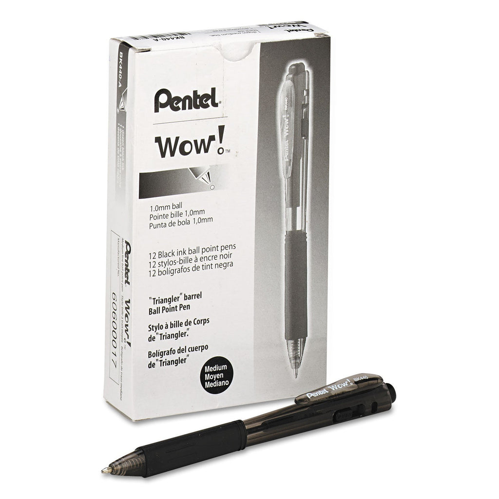 Pentel WOW! Ballpoint Pen, Retractable, Medium 1 mm, Black Ink, Black Barrel, Dozen