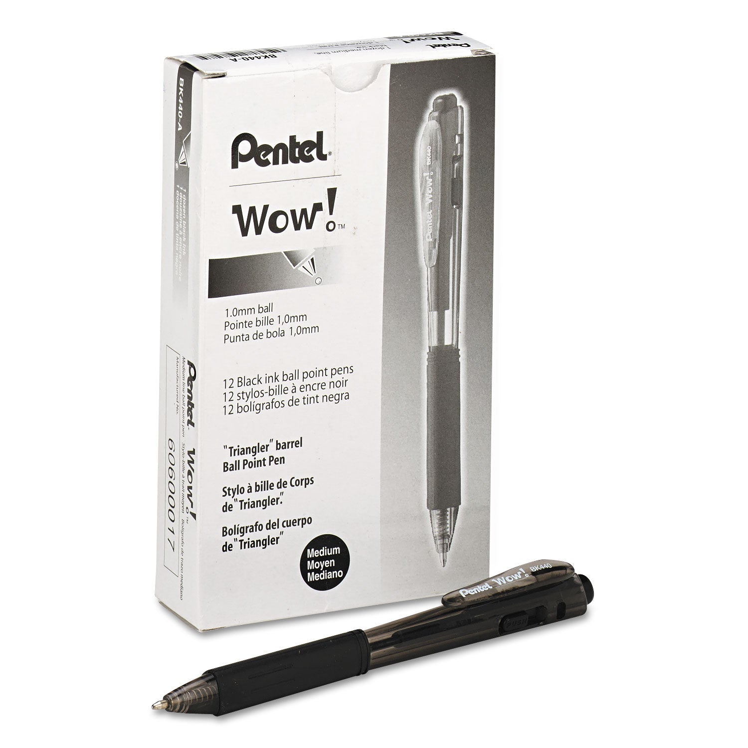 Pentel WOW! Ballpoint Pen, Retractable, Medium 1 mm, Black Ink, Black Barrel, Dozen
