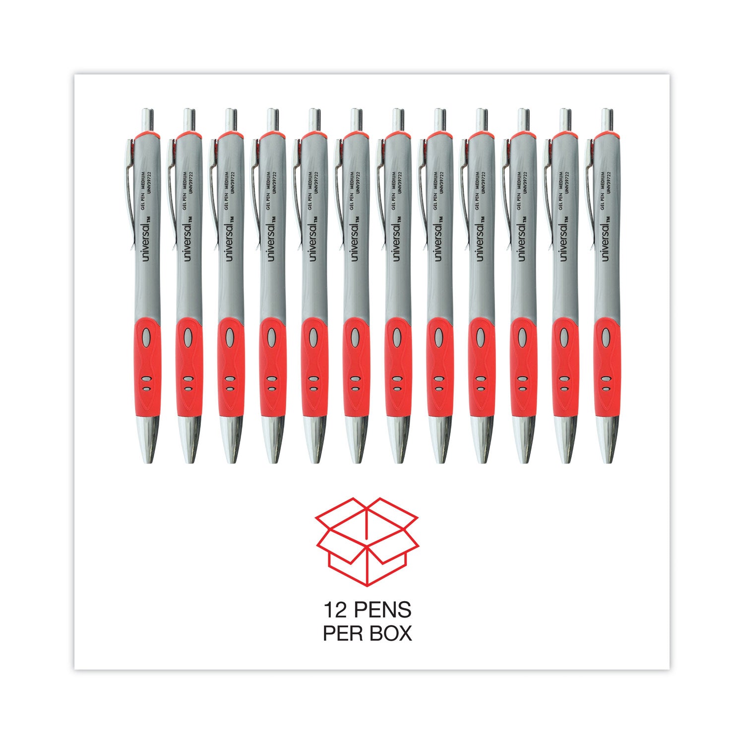 Universal Comfort Grip Gel Pen, Retractable, Medium 0.7 mm, Red Ink, Silver Barrel, Dozen