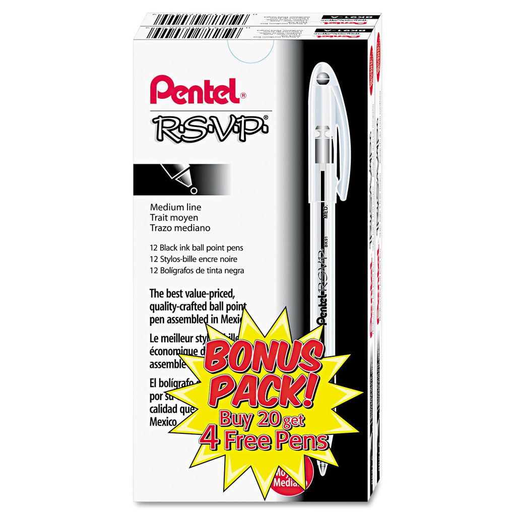 Pentel R.S.V.P. Ballpoint Pen Value Pack, Stick, Medium 1 mm, Black Ink, Clear/Black Barrel, 24/Pack