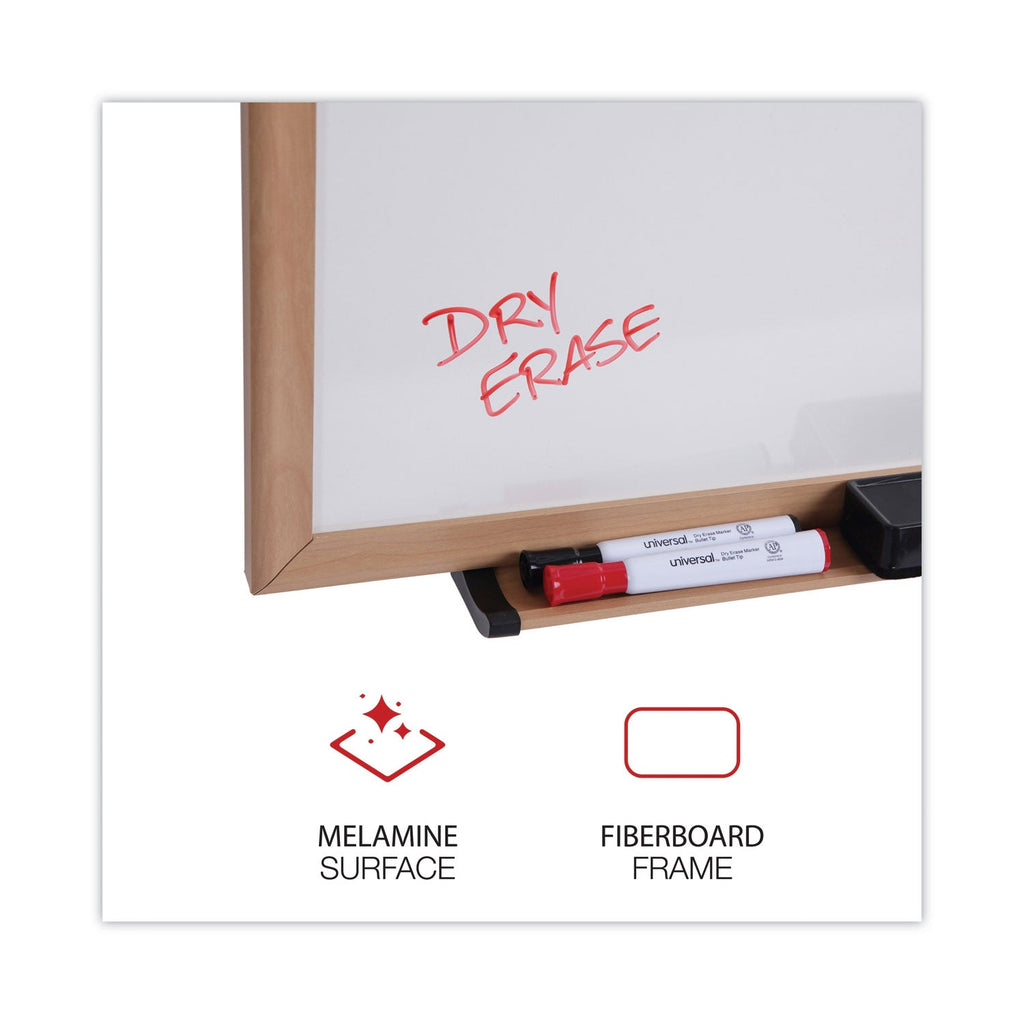 Universal Dry-Erase Board, Melamine, 96 x 48, White, Oak-Finished Frame