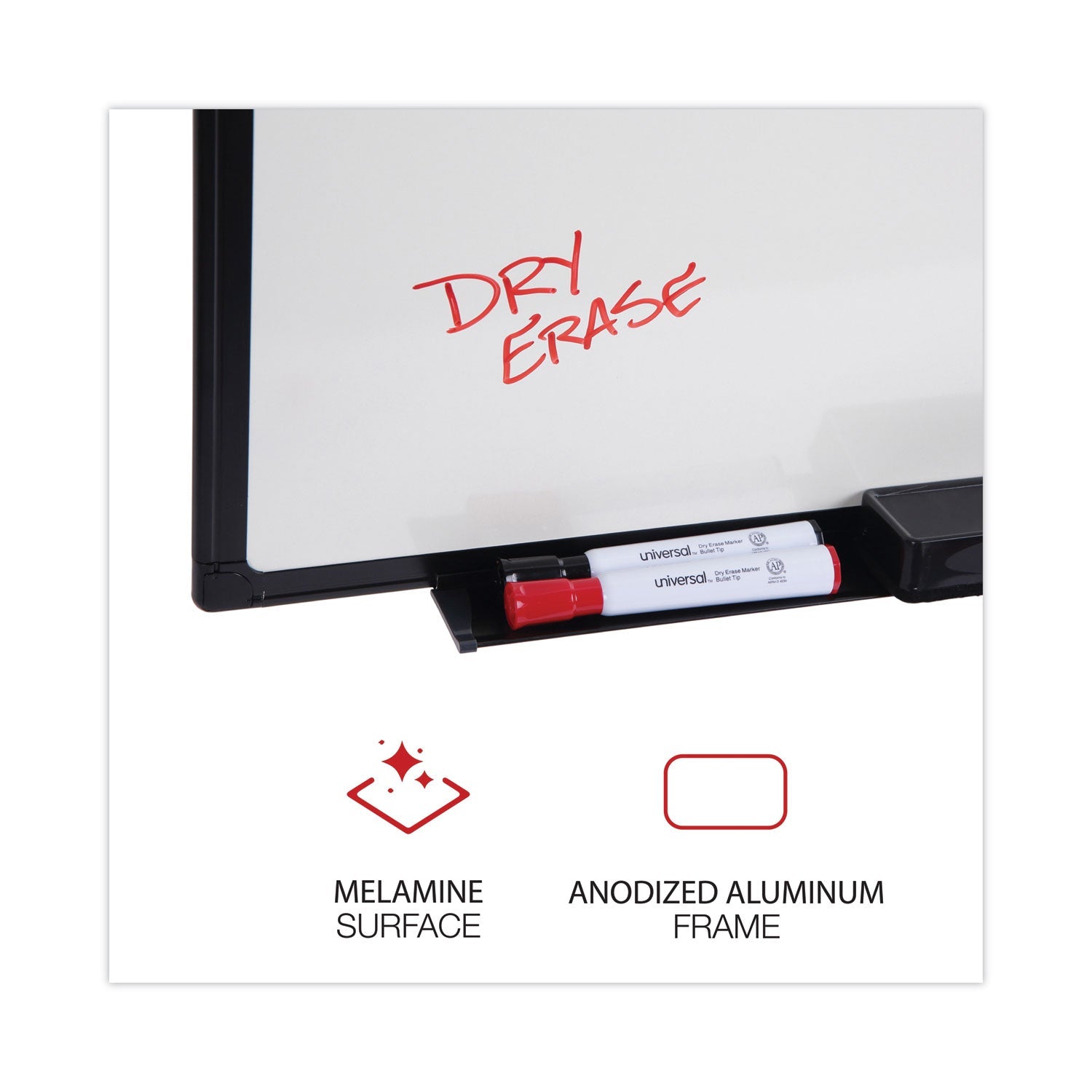 Universal Dry Erase Board, Melamine, 36 x 24, Black Frame