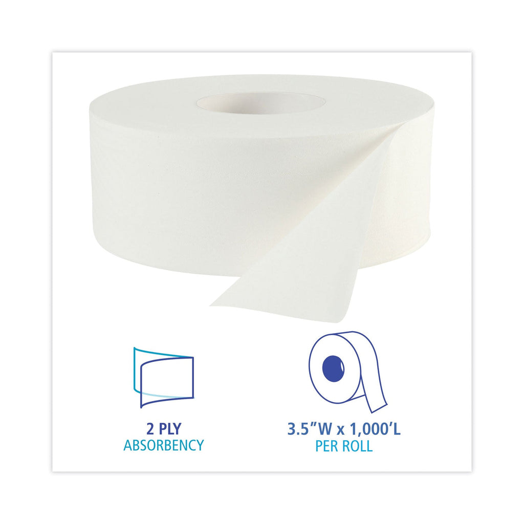 Boardwalk JRT Bath Tissue, Jumbo, Septic Safe, 2-Ply, White, 3.5" x 1,000 ft, 12 Rolls/Carton