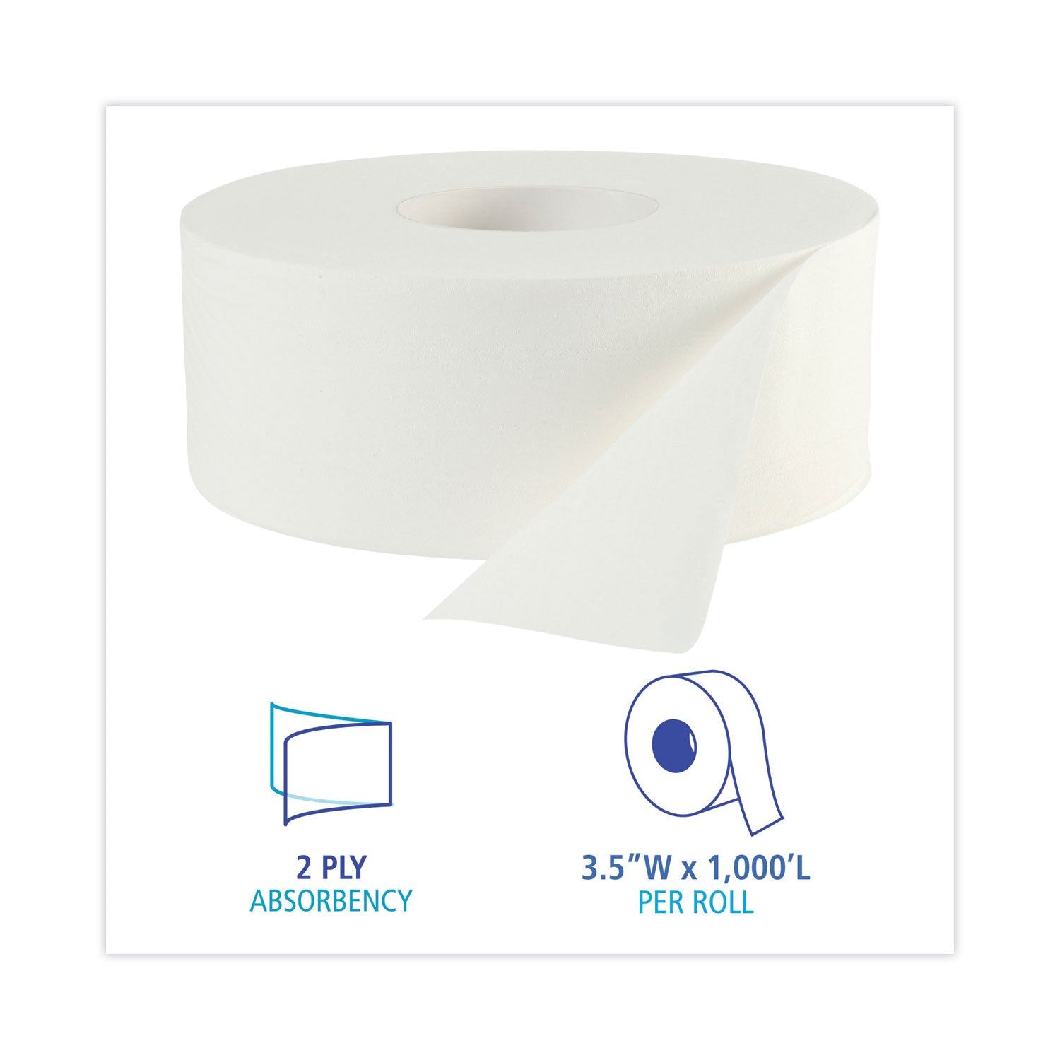 Boardwalk JRT Bath Tissue, Jumbo, Septic Safe, 2-Ply, White, 3.5" x 1,000 ft, 12 Rolls/Carton