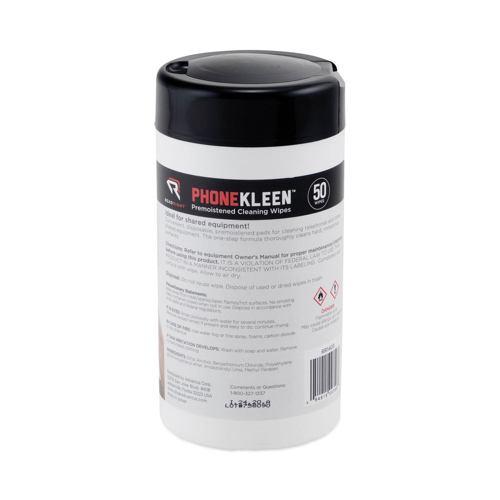 Read Right PhoneKleen Wet Wipes, Cloth, 5 x 5, 50/Tub