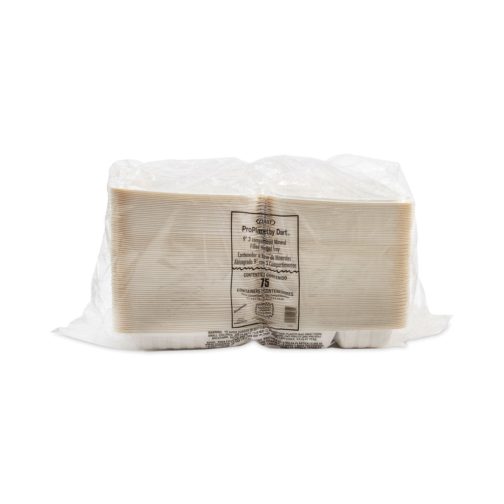 ProPlanet Hinged Lid Containers, 3-Compartment, 9 x 8.8 x 3, White, Plastic, 150/Carton