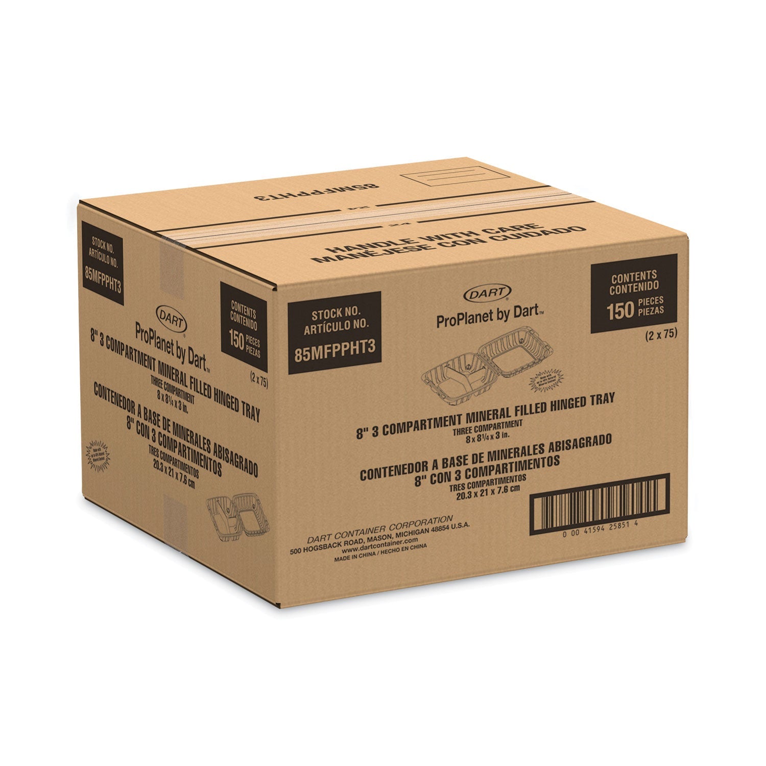 ProPlanet Hinged Lid Containers, 3-Compartment, 8.3 x 8 x 3, White, Plastic, 150/Carton