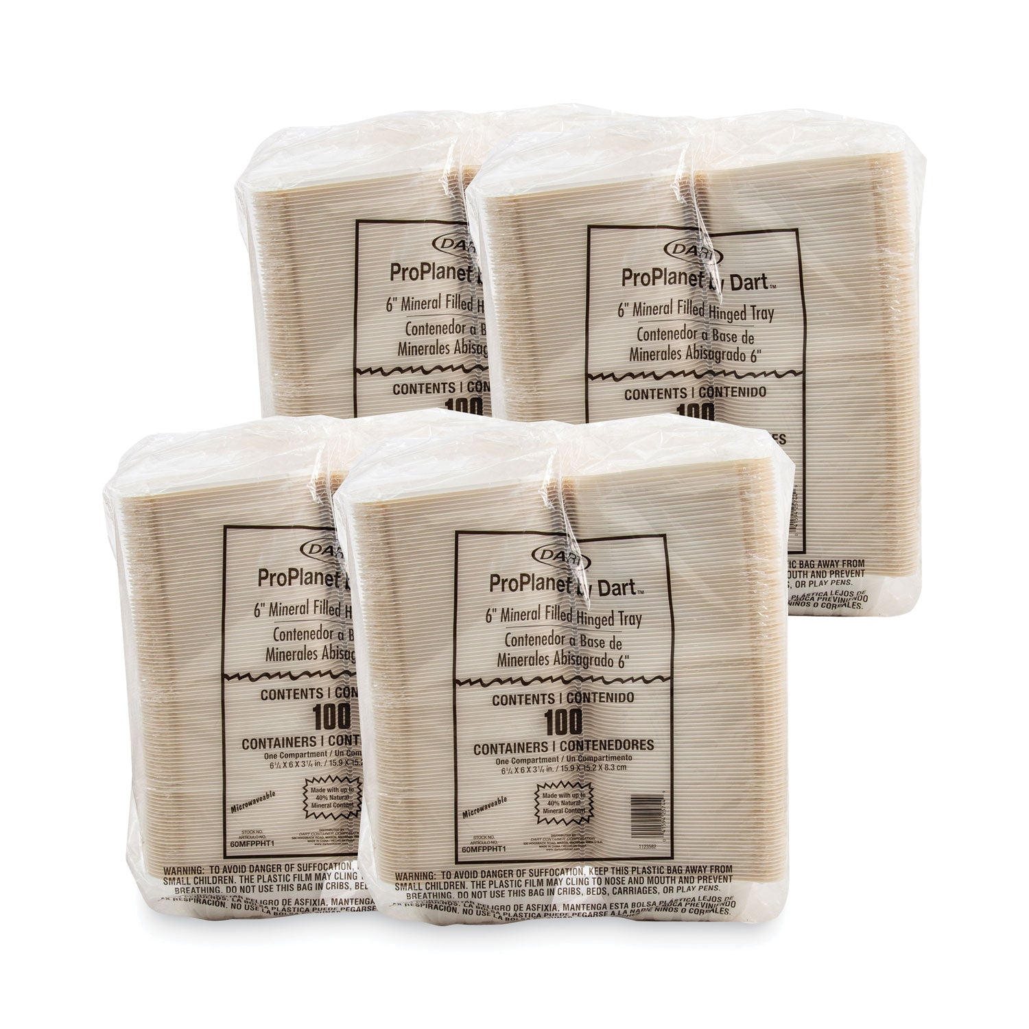 ProPlanet Hinged Lid Containers, 6 x 6.3 x 3.3, White, Plastic, 400/Carton