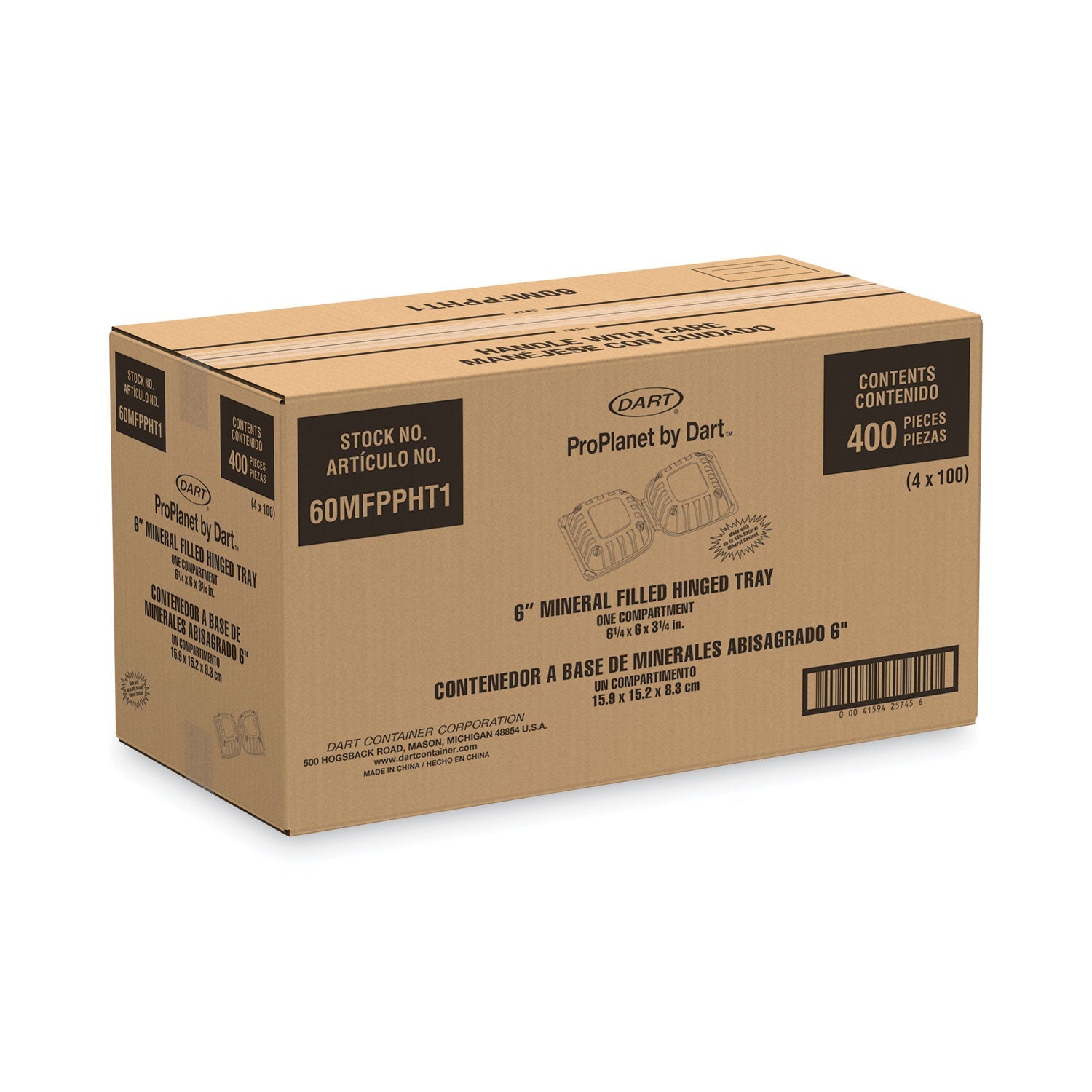 ProPlanet Hinged Lid Containers, 6 x 6.3 x 3.3, White, Plastic, 400/Carton