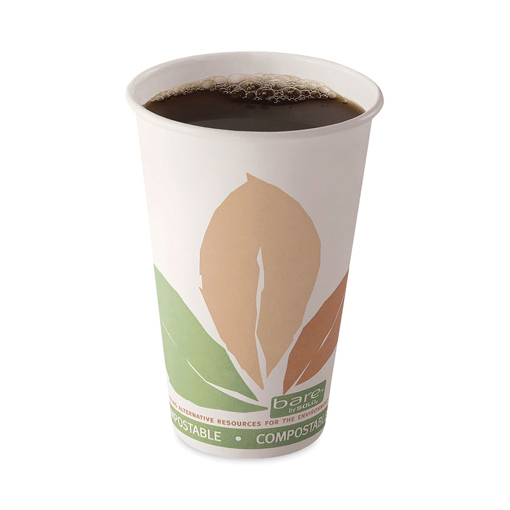 Dart Bare by Solo Eco-Forward PLA Paper Hot Cups, 16 oz, Leaf Design, White/Green/Orange, 50/Pack
