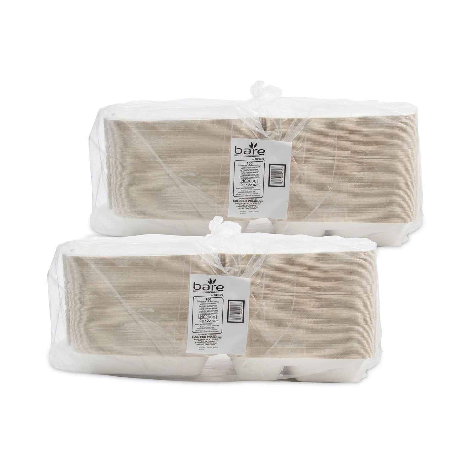 Dart Bare by Solo Eco-Forward Bagasse Hinged Lid Containers, 3-Compartment, 9.6 x 9.4 x 3.2, Ivory, Sugarcane, 200/Carton