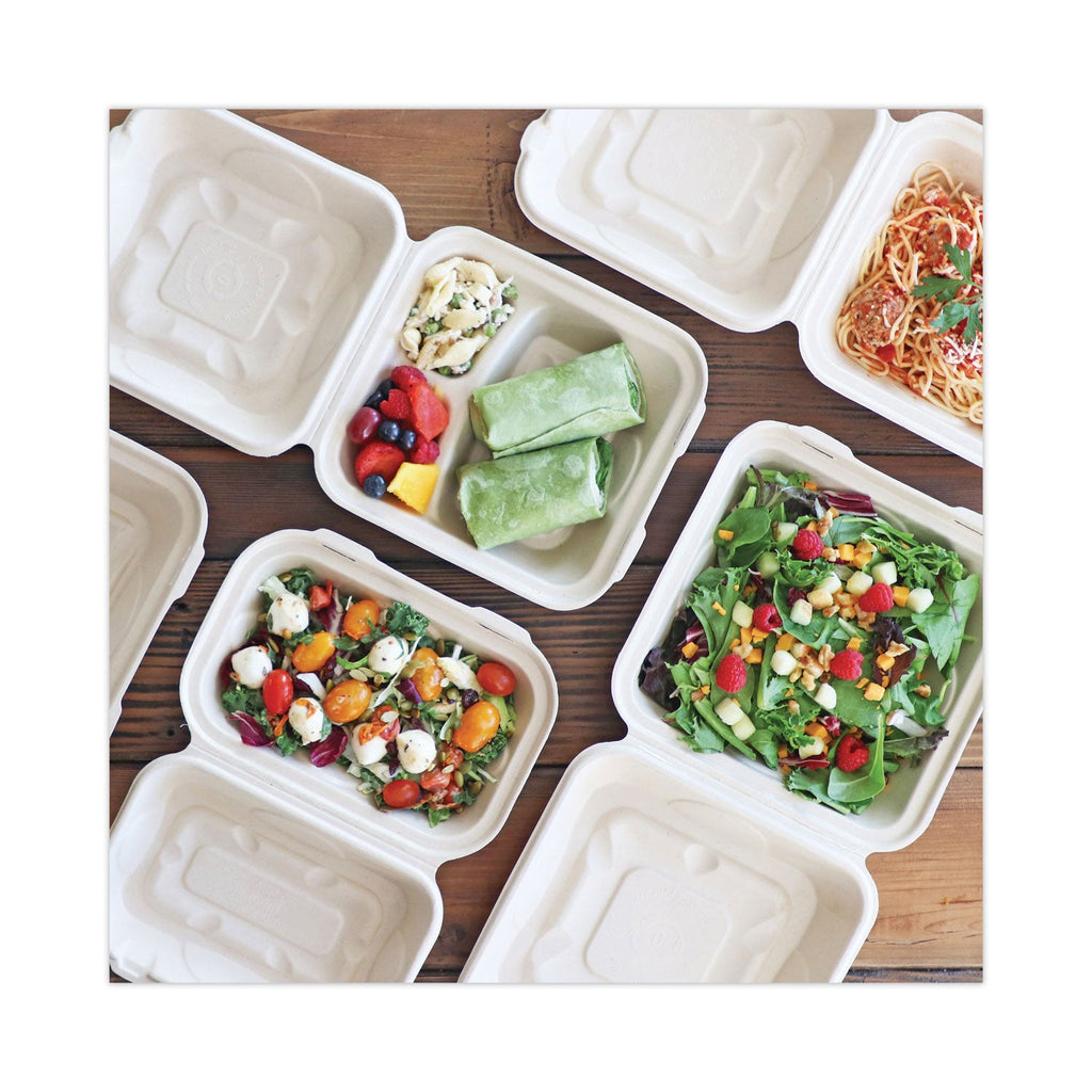 World Centric Fiber Hinged Containers, 8 x 8 x 3, Natural, Paper, 300/Carton