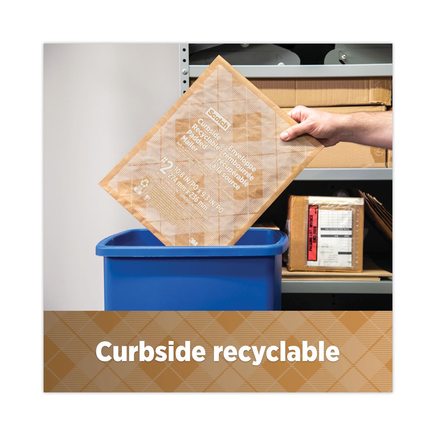 Scotch Curbside Recyclable Padded Mailer, #5, Bubble Cushion, Self-Adhesive Closure, 12 x 17.25, Natural Kraft, 100/Carton