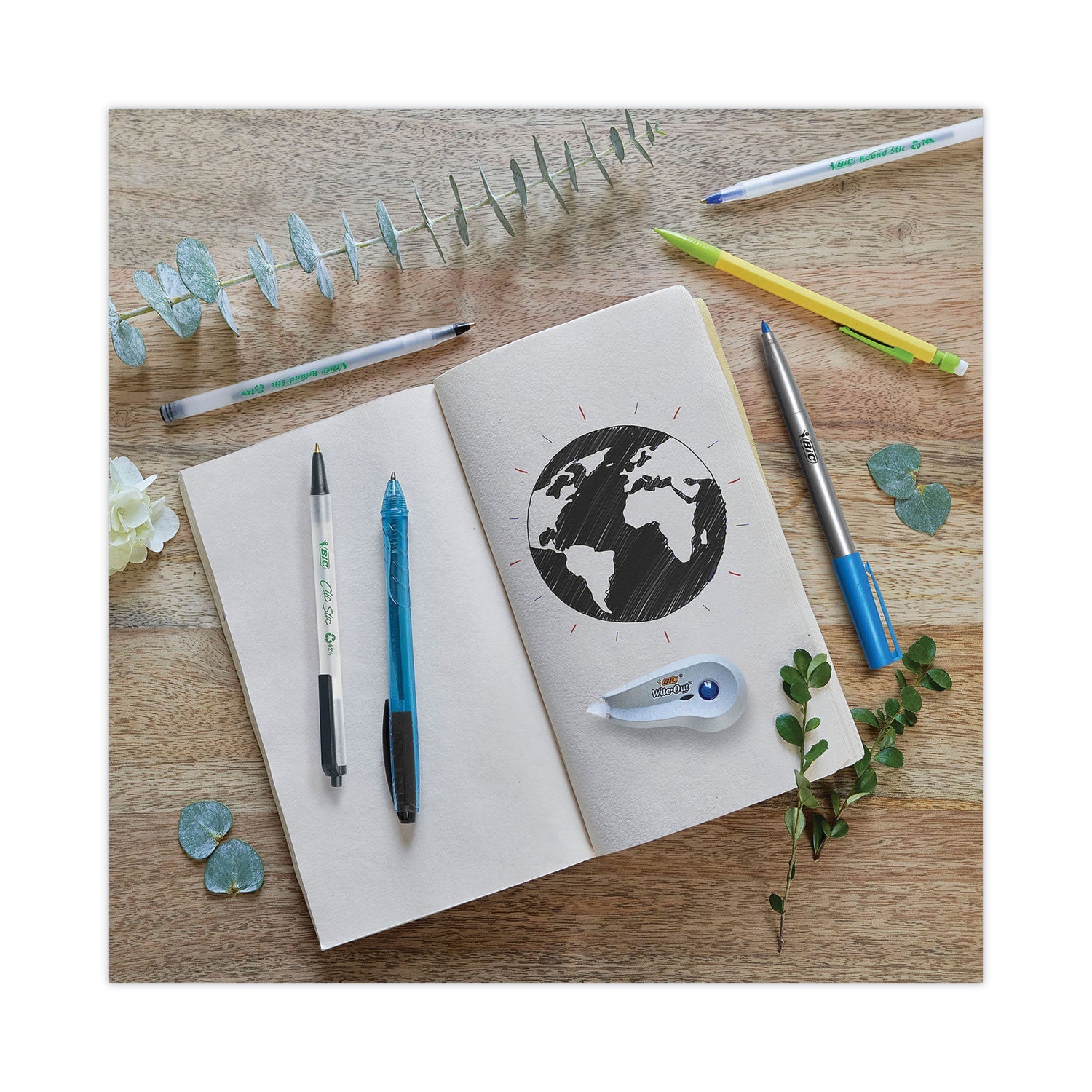 BIC ReVolution Ocean Bound Ballpoint Pen, Retractable, Medium 1 mm, Black Ink/Translucent Blue Barrel, Dozen