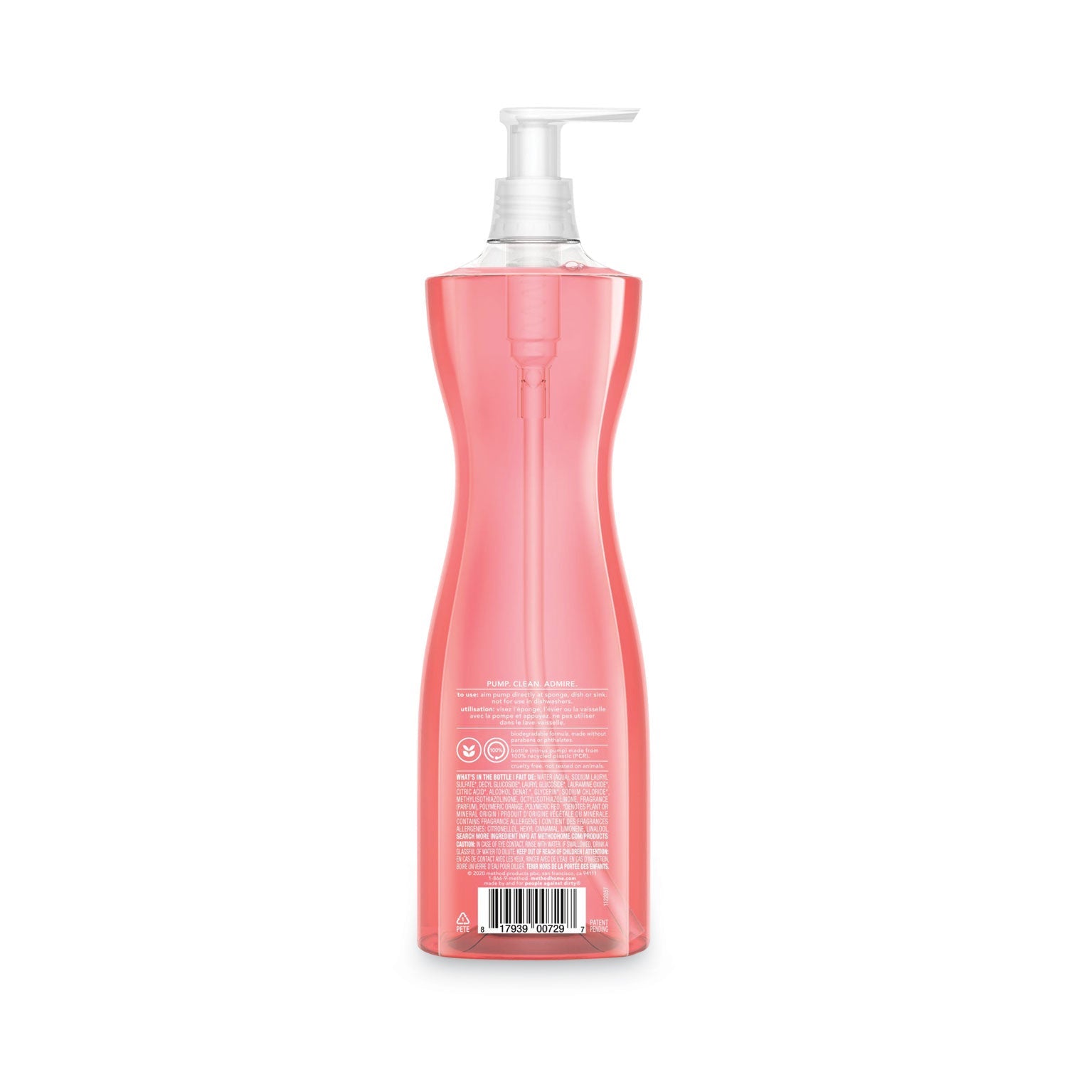 Method Dish Soap Pump, Hour-Glass Bottle Shape, Pink Grapefruit Scent, 18 oz Pump Bottle, 6/Carton