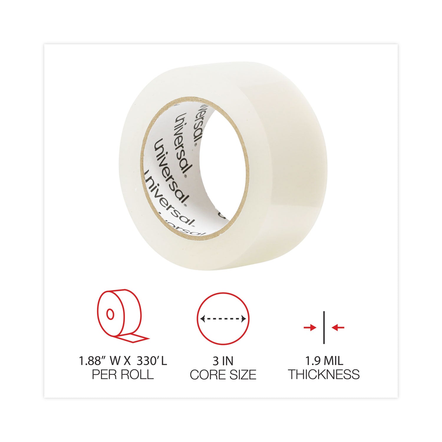 Universal Deluxe General-Purpose Acrylic Box Sealing Tape, 2 mil, 3" Core, 1.88" x 110 yds, Clear, 6/Pack