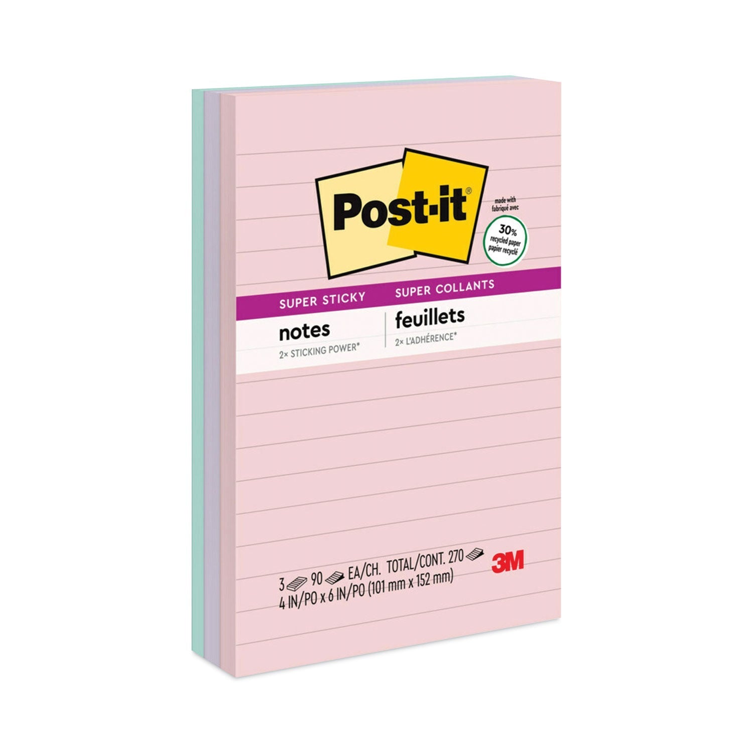 Post-it Recycled Notes in Wanderlust Pastels Collection Colors, Note Ruled, 4" x 6", 90 Sheets/Pad, 3 Pads/Pack