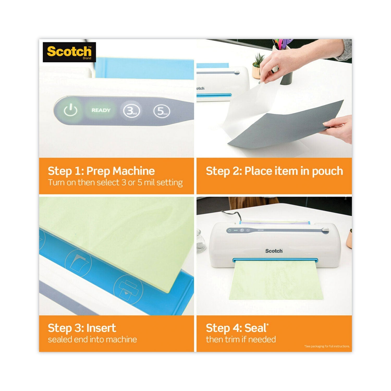 Scotch Self-Sealing Laminating Pouches, 9.5 mil, 3.88" x 2.44", Gloss Clear, 25/Pack