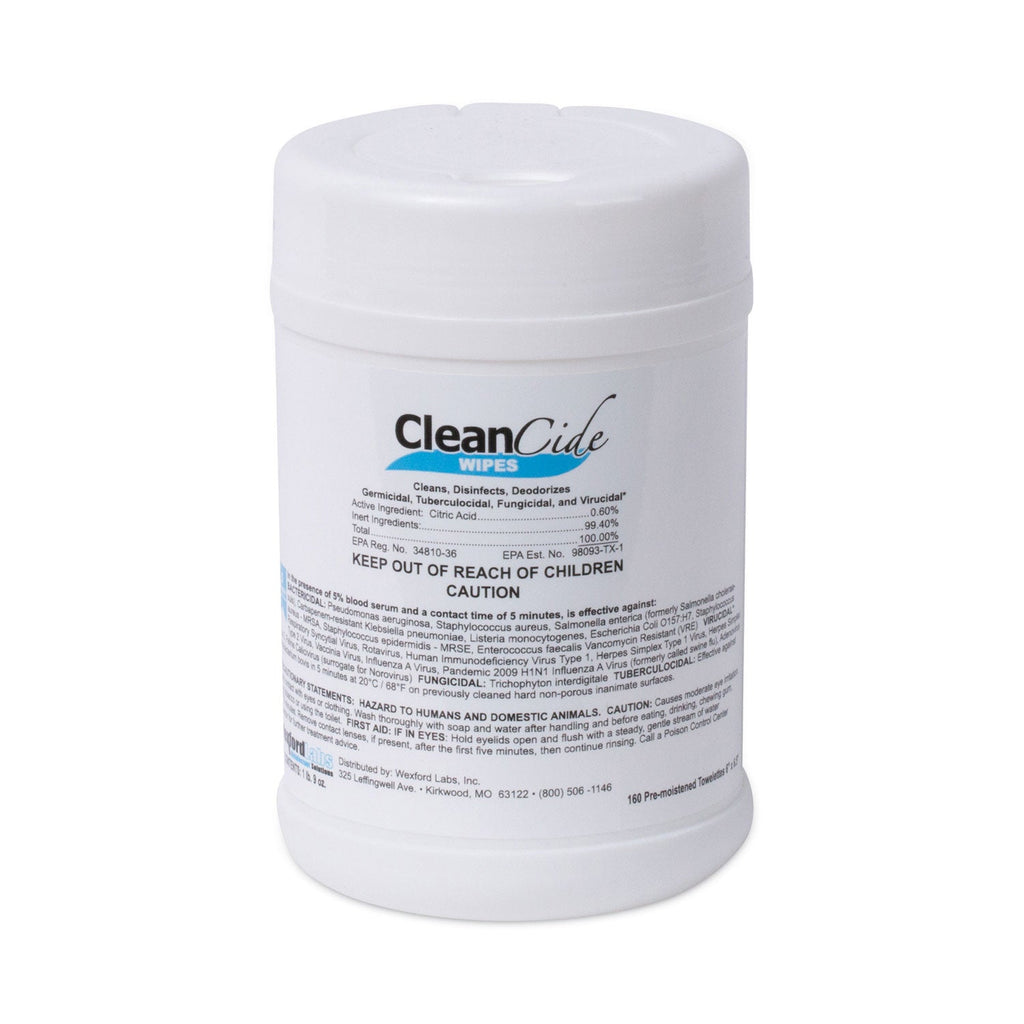 Wexford Labs CleanCide Disinfecting Wipes, 6.5 x 6, Fresh Scent, 160/Canister