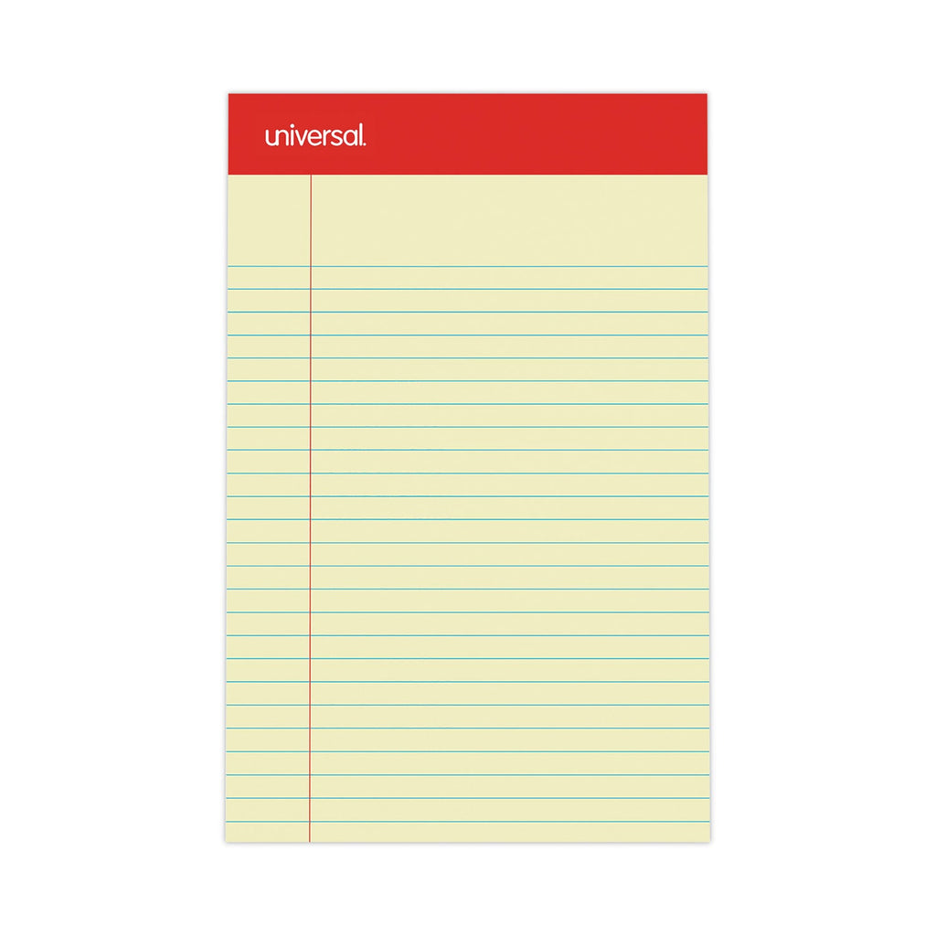 Universal Perforated Ruled Writing Pads, Narrow Rule, Red Headband, 50 Canary-Yellow 5 x 8 Sheets, Dozen