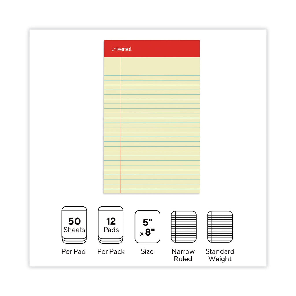 Universal Perforated Ruled Writing Pads, Narrow Rule, Red Headband, 50 Canary-Yellow 5 x 8 Sheets, Dozen