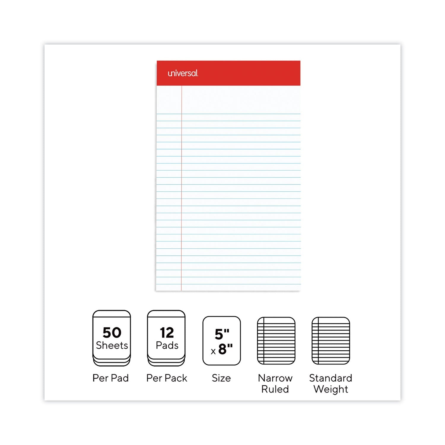 Universal Perforated Ruled Writing Pads, Narrow Rule, Red Headband, 50 White 5 x 8 Sheets, Dozen