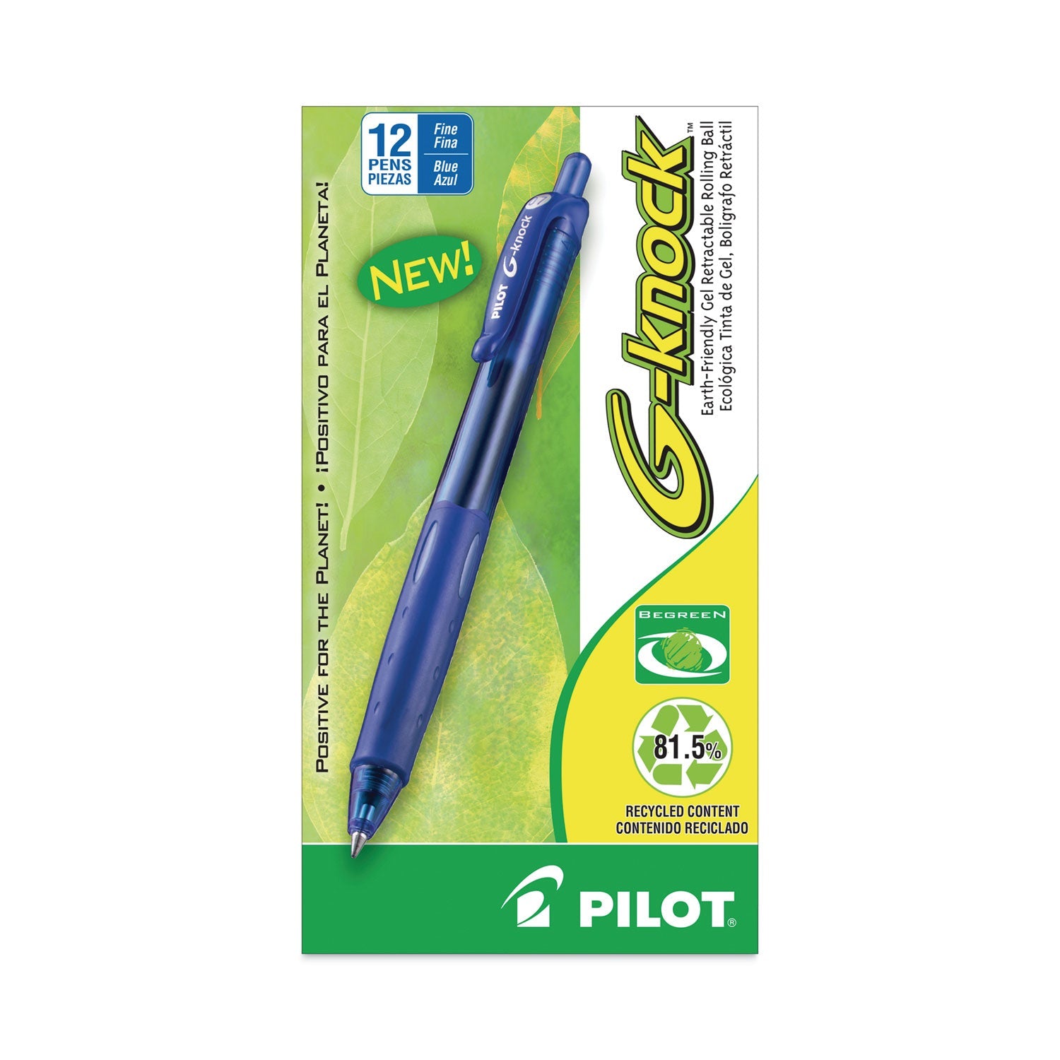 Pilot G-Knock BeGreen Gel Pen, Retractable, Fine 0.7 mm, Blue Ink, Blue Barrel, Dozen