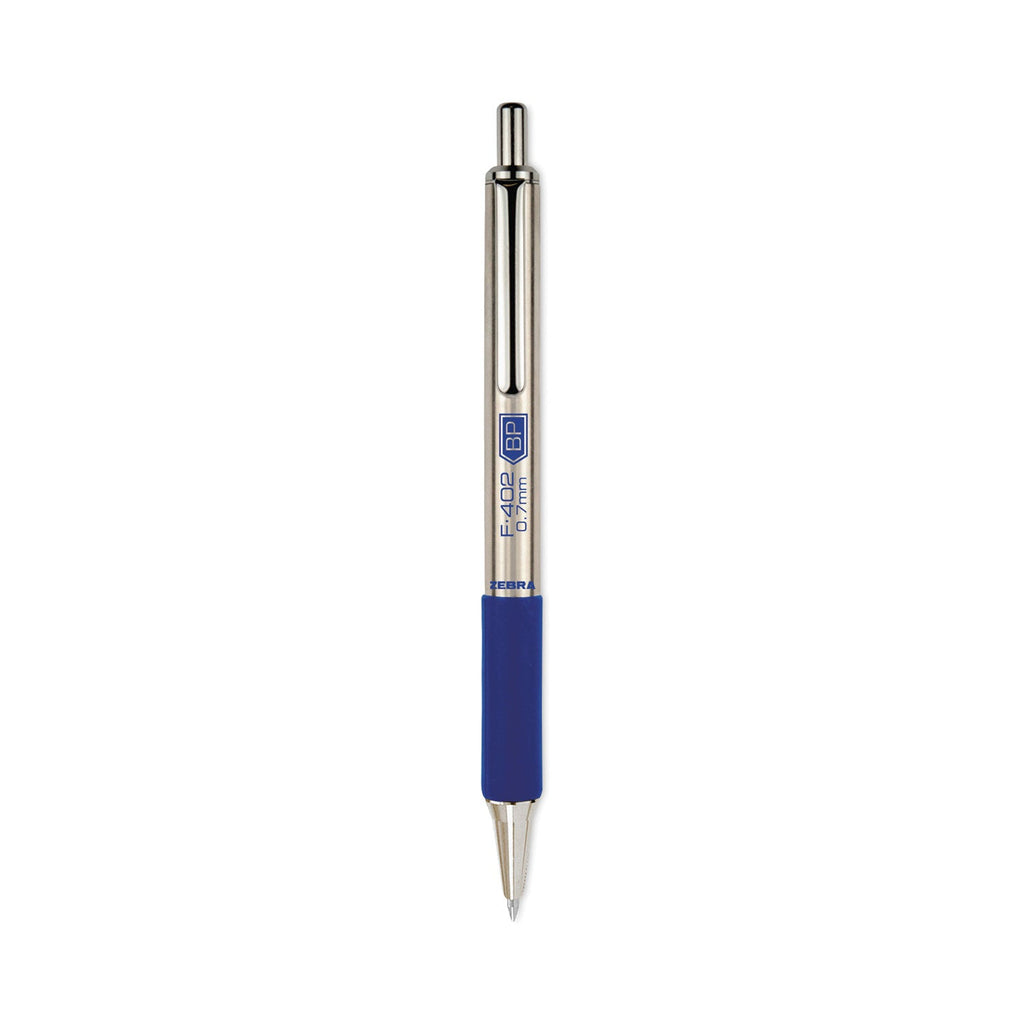Zebra F-402 Ballpoint Pen, Retractable, Fine 0.7 mm, Blue Ink, Stainless Steel/Blue Barrel, 2/Pack