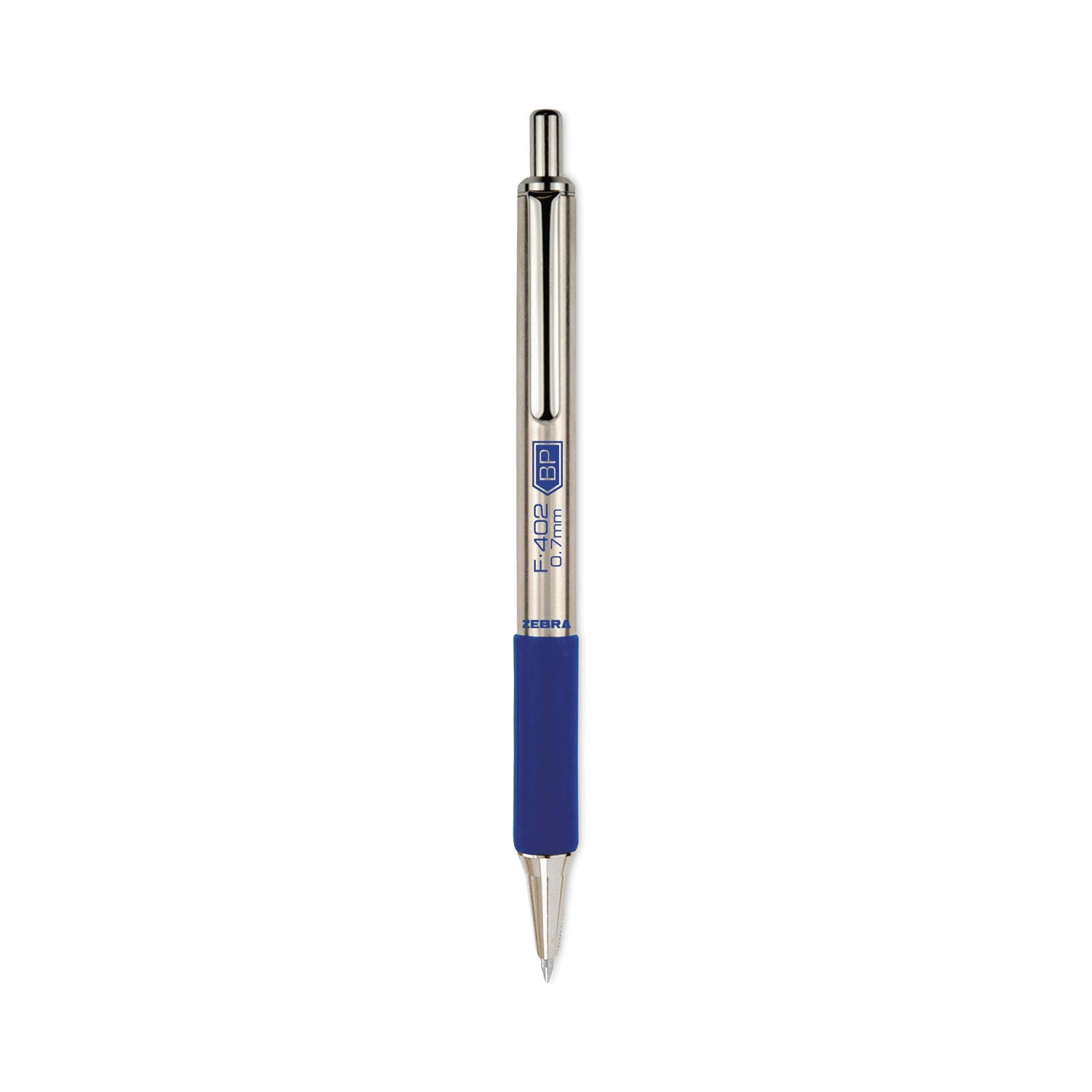 Zebra F-402 Ballpoint Pen, Retractable, Fine 0.7 mm, Blue Ink, Stainless Steel/Blue Barrel, 2/Pack