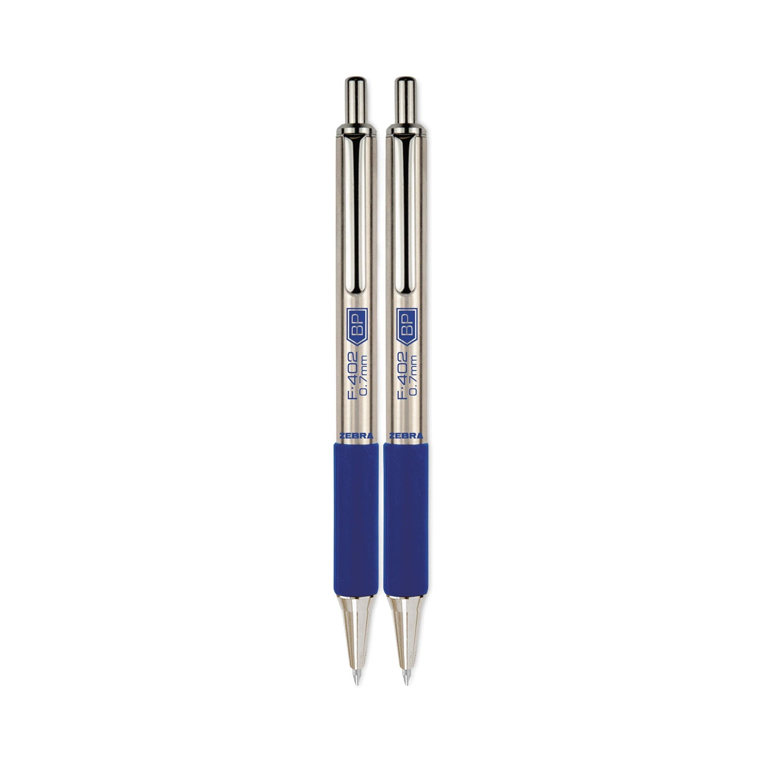 Zebra F-402 Ballpoint Pen, Retractable, Fine 0.7 mm, Blue Ink, Stainless Steel/Blue Barrel, 2/Pack