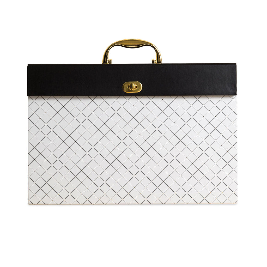 U Brands Expanding File Box, 5.25" Expansion, 19 Sections, Twist-Lock Latch Closure, 2/5-Cut Tabs, Letter Size, White/Black/Gold