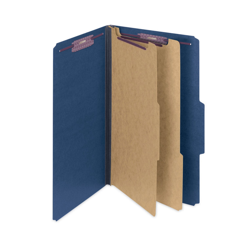 Smead Six-Section Pressboard Top Tab Classification Folders with SafeSHIELD Fasteners, 2 Dividers, Legal Size, Dark Blue, 10/Box