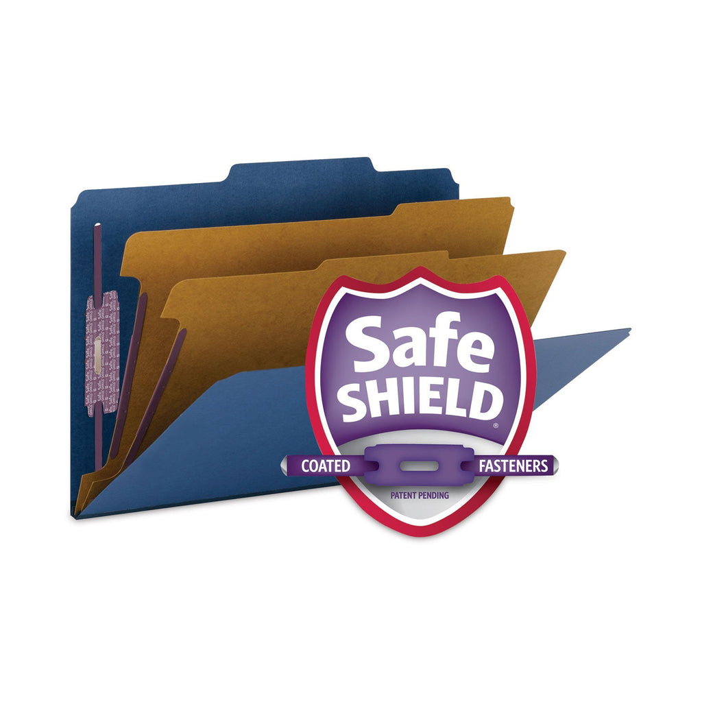 Smead Six-Section Pressboard Top Tab Classification Folders with SafeSHIELD Fasteners, 2 Dividers, Legal Size, Dark Blue, 10/Box