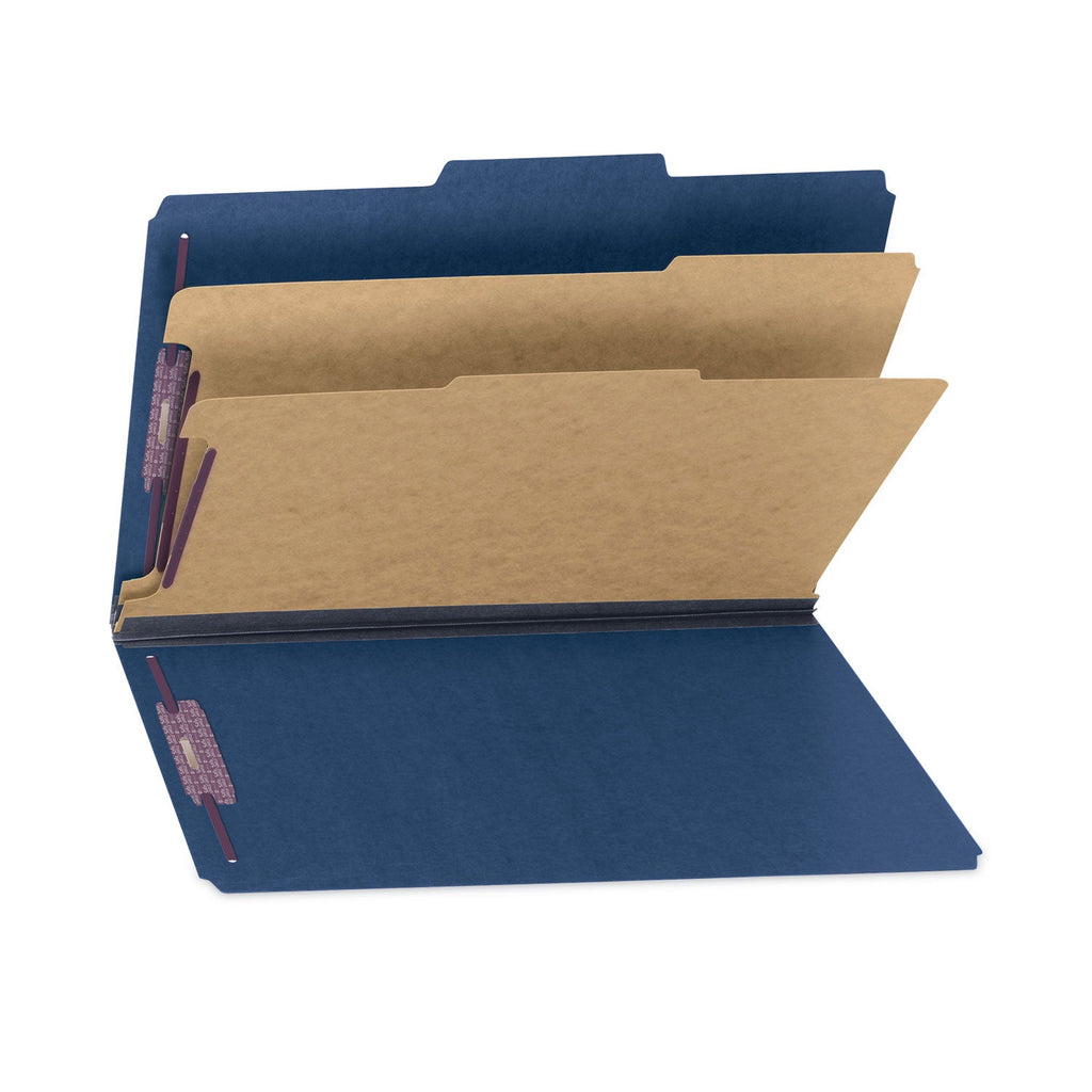 Smead Six-Section Pressboard Top Tab Classification Folders with SafeSHIELD Fasteners, 2 Dividers, Legal Size, Dark Blue, 10/Box
