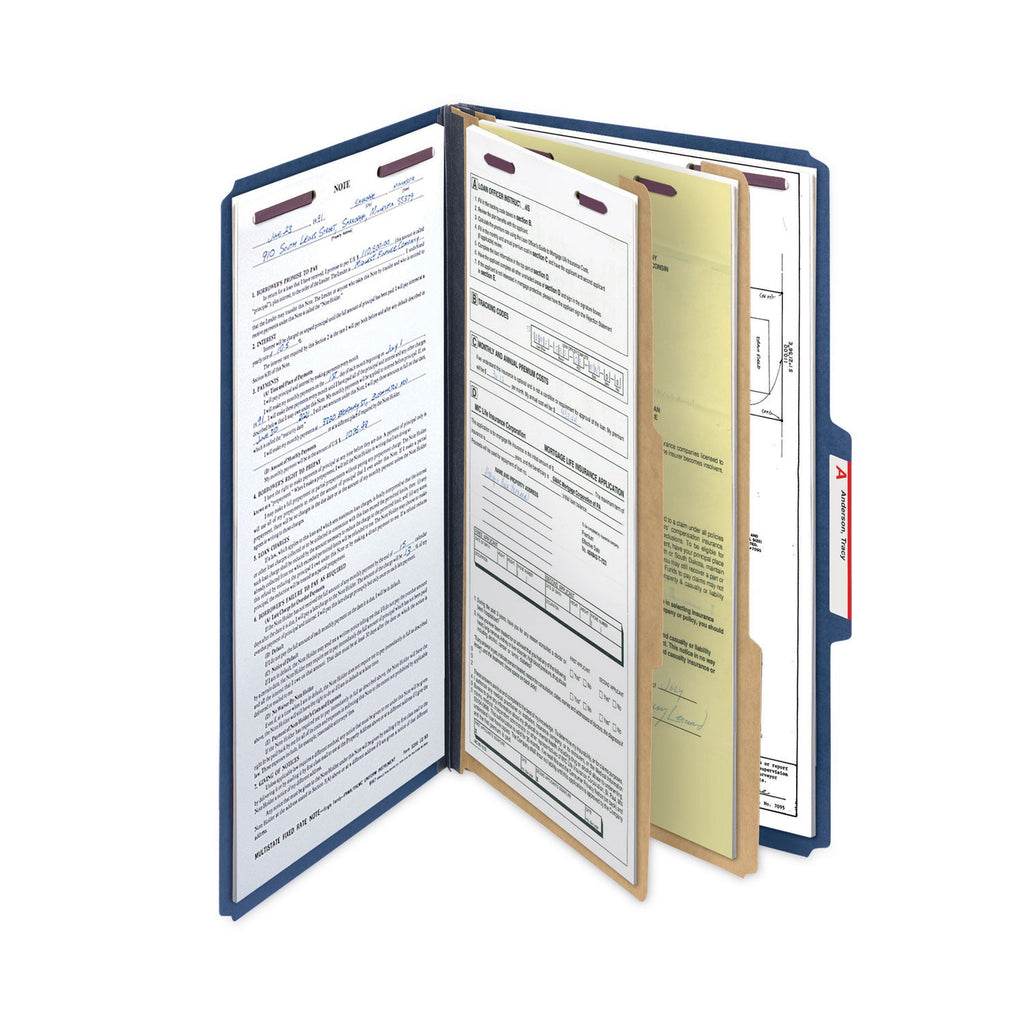 Smead Six-Section Pressboard Top Tab Classification Folders with SafeSHIELD Fasteners, 2 Dividers, Legal Size, Dark Blue, 10/Box