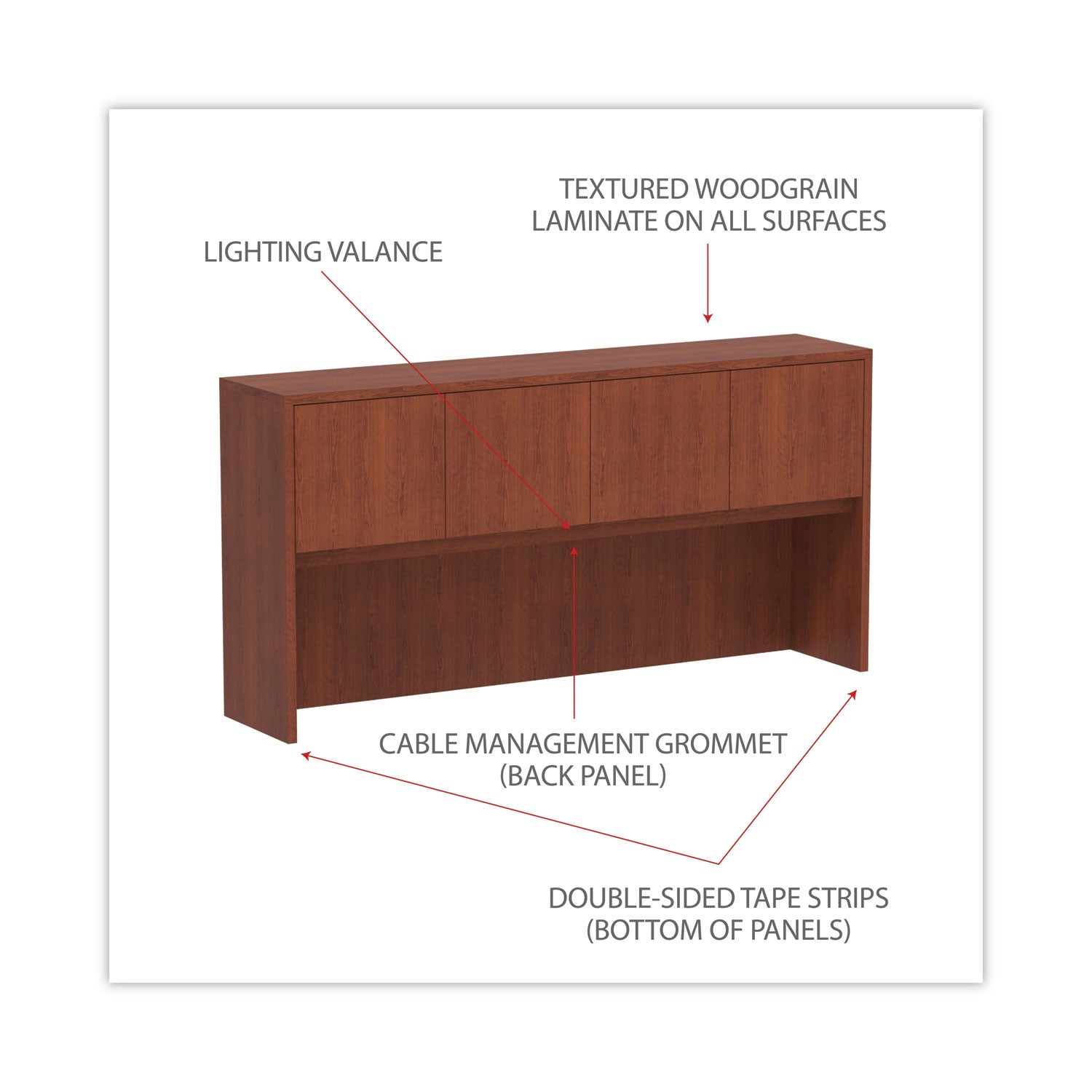 Alera Valencia Series Hutch with Doors, 4 Compartments, 70.63w x 15d x 35.38h, Medium Cherry
