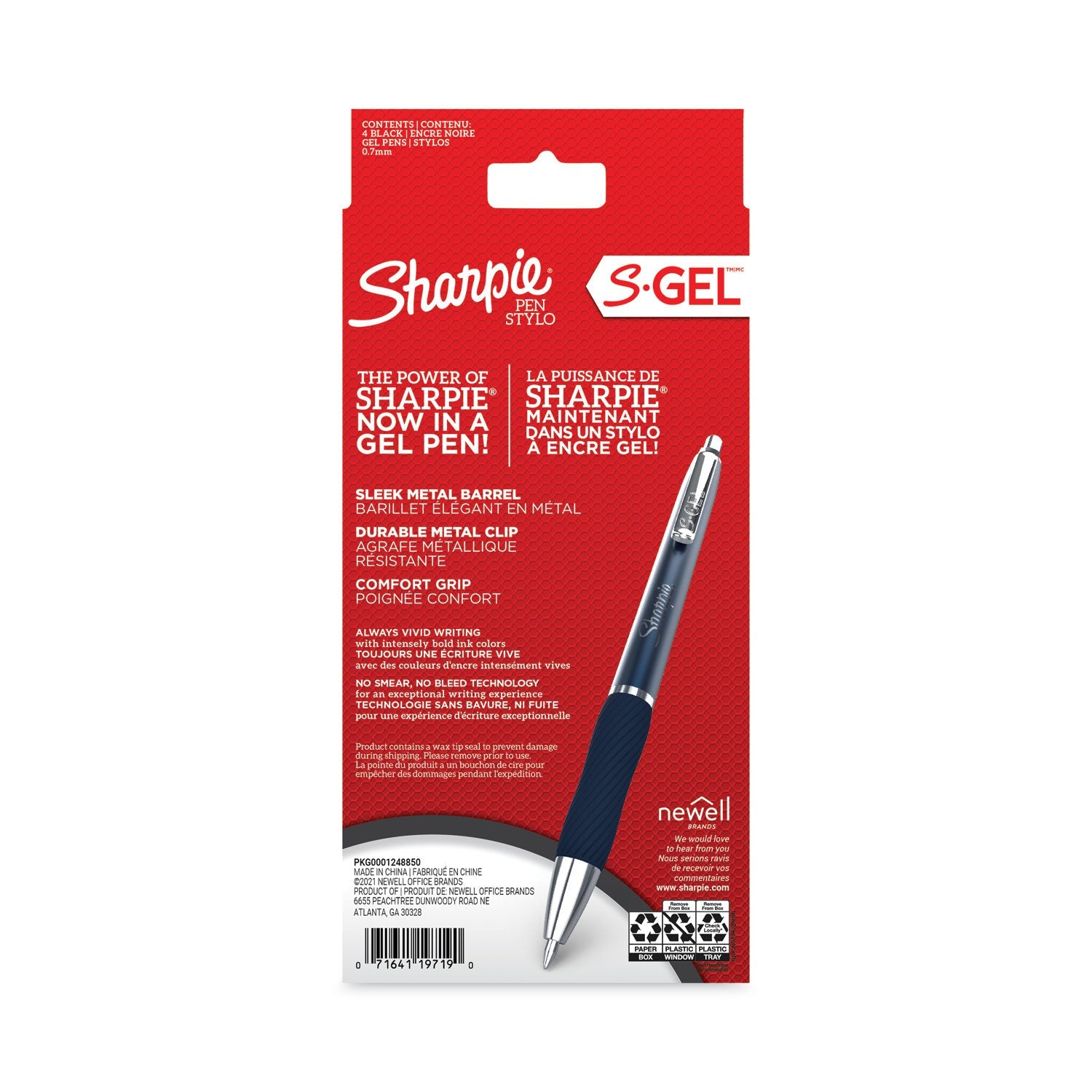 Sharpie S-Gel Premium Metal Barrel Gel Pen, Retractable, Medium 0.7 mm, Black Ink, Blue Barrel, 4/Pack