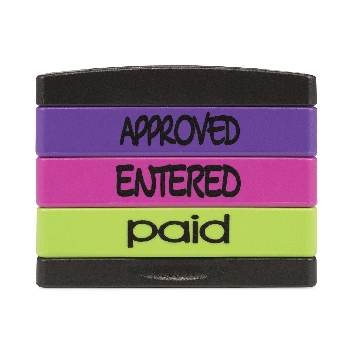 Trodat Interlocking Stack Stamp, APPROVED, ENTERED, PAID, 1.81" x 0.63", Assorted Fluorescent Ink