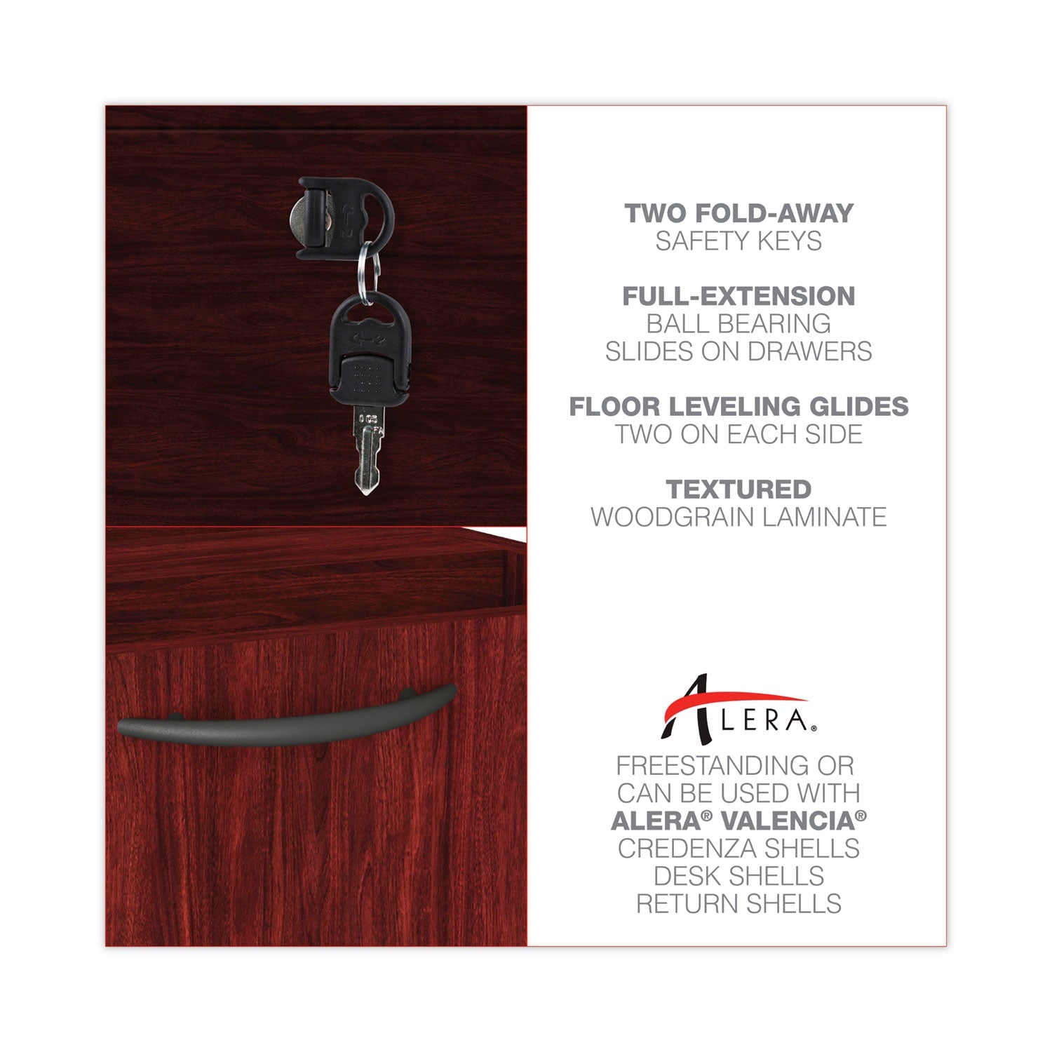 Alera Valencia Series Full Pedestal File, Left or Right, 2 Legal/Letter-Size File Drawers, Mahogany, 15.63" x 20.5" x 28.5"