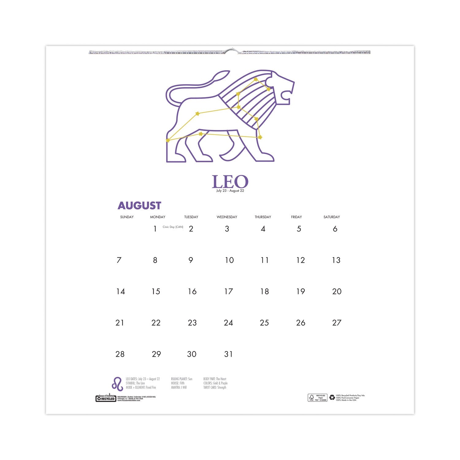House of Doolittle Recycled Academic Zodiac Wall Calendar, 14 x 11, Multicolor Sheets,12-Month (Aug to July): 2023