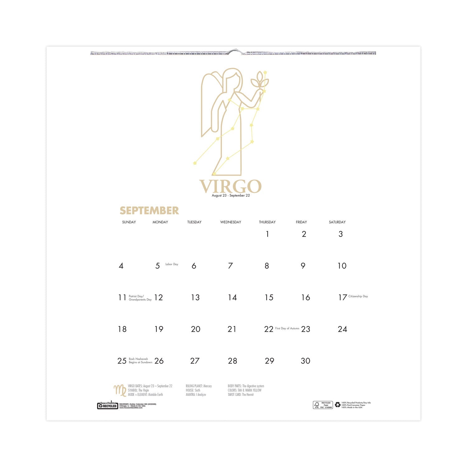 House of Doolittle Recycled Academic Zodiac Wall Calendar, 14 x 11, Multicolor Sheets,12-Month (Aug to July): 2023