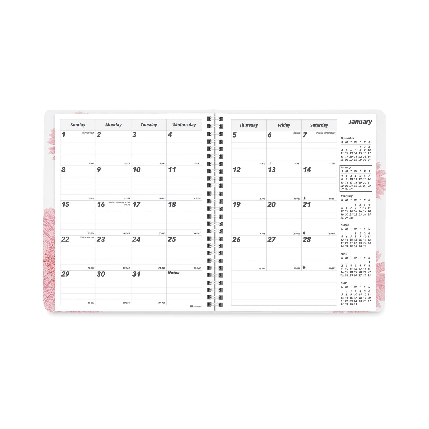Brownline Essential Collection 14-Month Ruled Monthly Planner, 8.88 x 7.13, Daisy Black/Pink Cover, 14-Month (Dec to Jan): 2022 to 2023