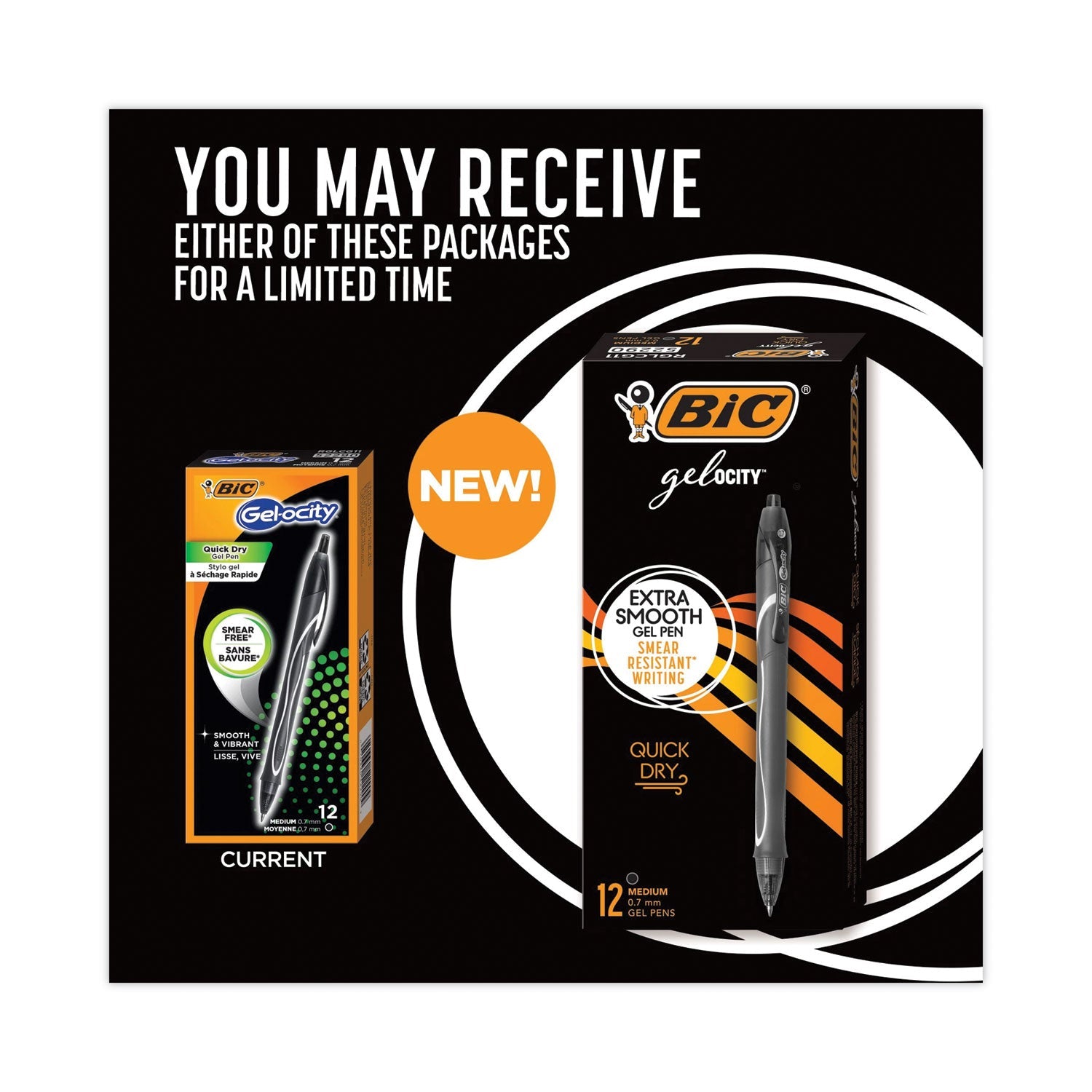 BIC Gel-ocity Quick Dry Gel Pen, Retractable, Medium 0.7 mm, Black Ink, Black Barrel, Dozen