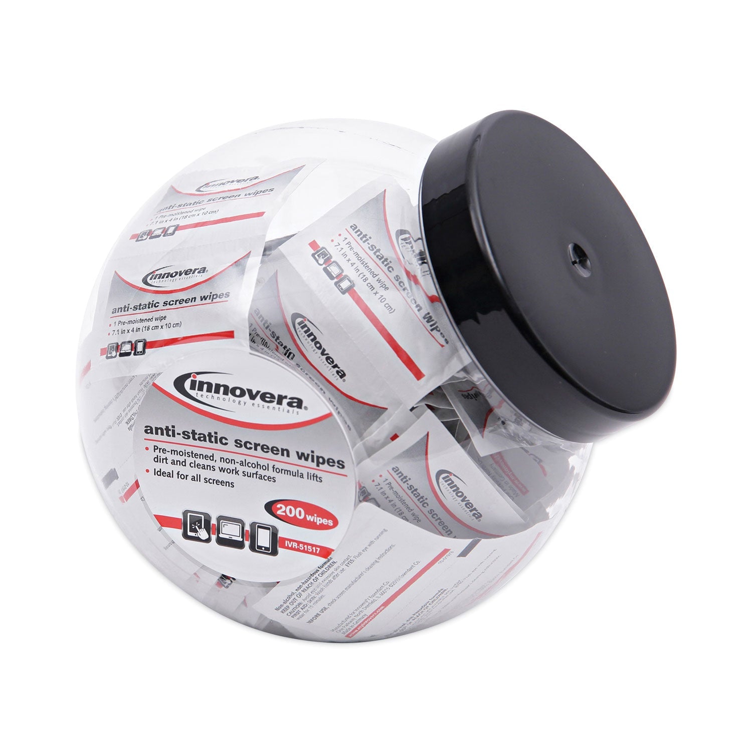 Innovera Antistatic Screen Cleaning Wipes, 200 Sachets, Fishbowl with Black Top
