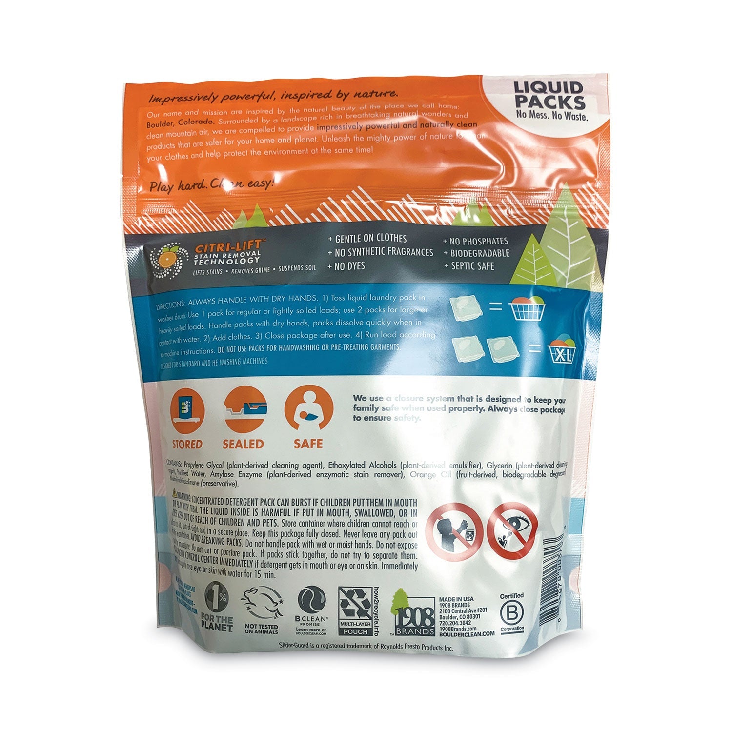 Boulder Clean Laundry Detergent Packs, Valencia Orange, 34/Pouch